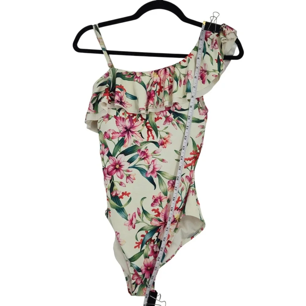Carmen Marc Valvo One Piece Swimsuit Women 10 Floral Ruffle Asymmetric Tropical